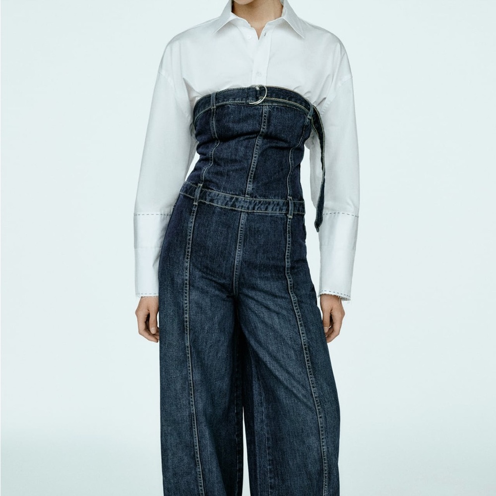 Zara White Shirt with Dark Blue Denim Strapless Jumpsuit